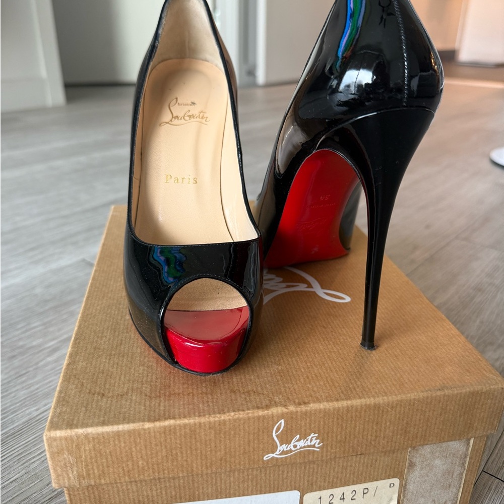 Christian Louboutin Glossy Black Peep Toe Heels with Red Soles